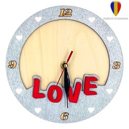 Ceas argintiu  si rosu LOVE lemn personalizat