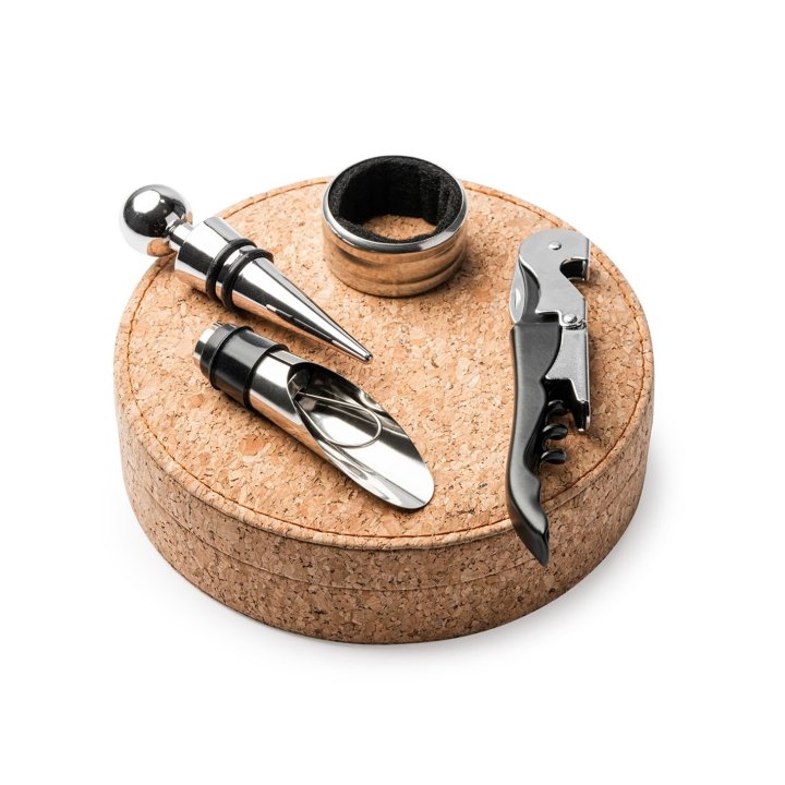 Set 4 accesorii vin in cutie de pluta